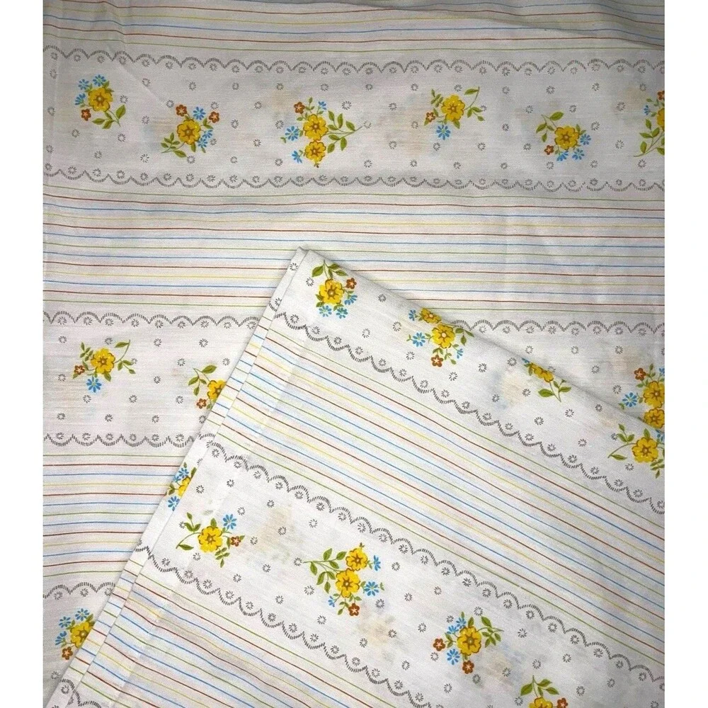 Vtg Thomaston Full Size Sheet Set 3pc White Floral Stripe Fitted Flat Pillowcase